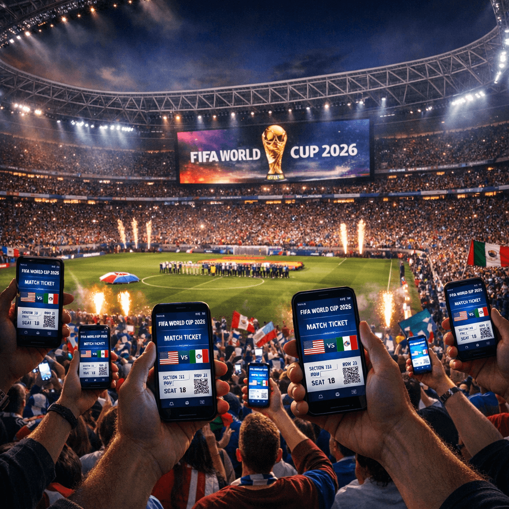 Fans using smartphones to resell World Cup 2026 tickets safely inside the stadium
