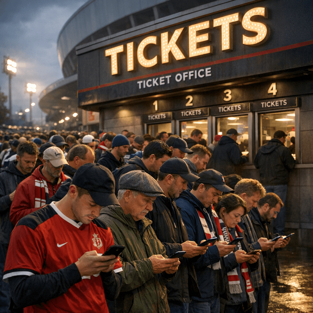 Fans checking smartphones to buy last minute World Cup 2026 tickets outside stadium